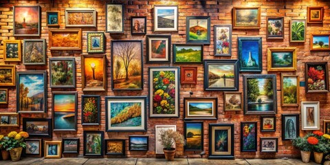 Gallery Wall of Paintings on Brick Wall, brick wall, gallery wall, art