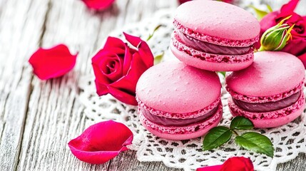   Pink macaroons on doily with rose and wooden table