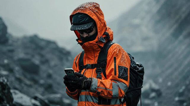 A lone explorer stands in a dramatic landscape, clad in bright orange rain gear, checking a mobile device. The surrounding environment features rugged rocks and mist, enriching the atmosphere