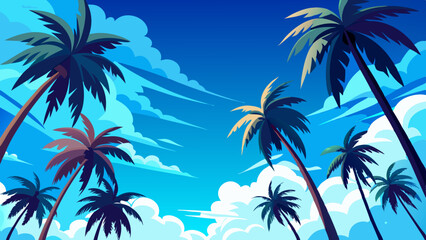 Fototapeta premium Low angle view from below of coconut palm tree against cloud and blue sky