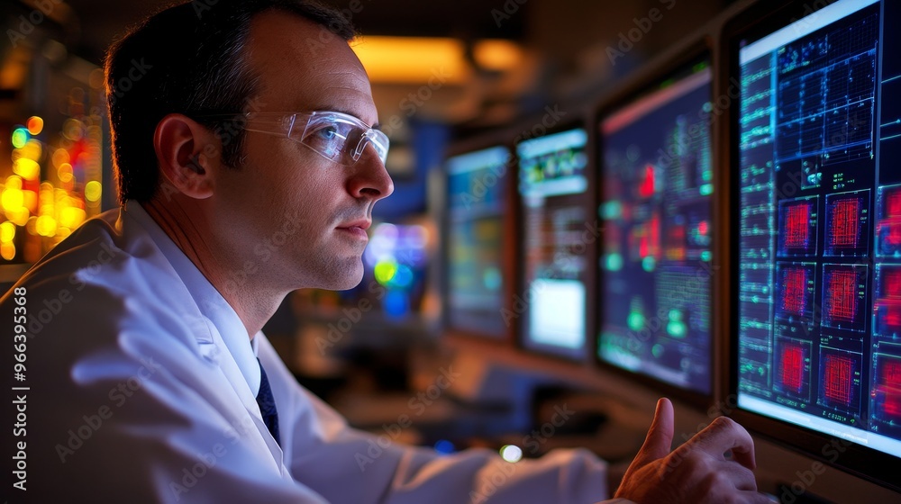 Poster a scientist analyzes data on multiple screens in a high-tech laboratory setting.