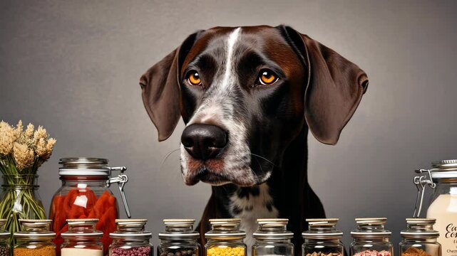 In a warm kitchen, a curious dog gazes at an array of jars filled with vibrant treats. The atmosphere is inviting, perfect for culinary exploration and fun