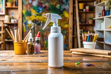 A white spray bottle with a built-in brush head sits on a wooden workbench, surrounded by scattered paint cans and messy artists' supplies.