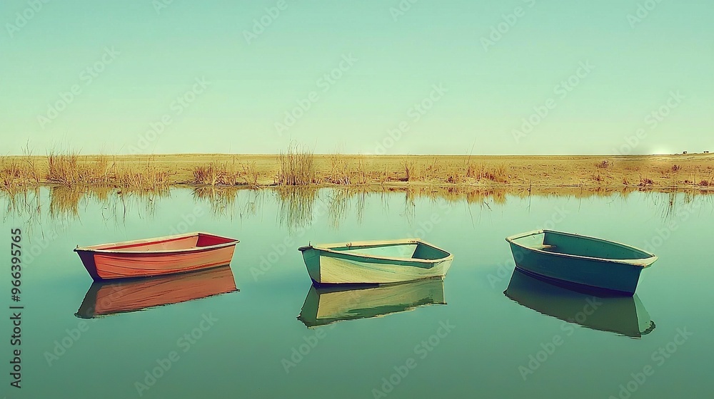 Wall mural   A few small boats bob on a sun-kissed lake beside a lush grassy field