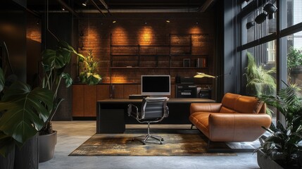 Modern Office Interior Design with Exposed Brick Wall