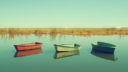 Obraz premium A few small boats bob on a sun-kissed lake beside a lush grassy field
