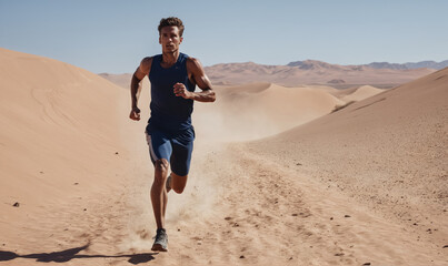 A man runs through the desert on a sunny day