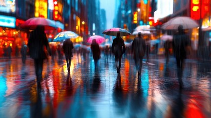 A group of people walking down a street with umbrellas, AI