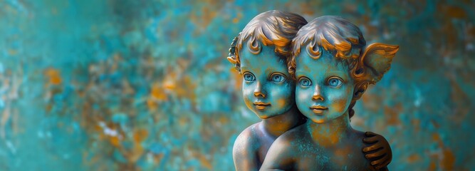 Close-up of two weathered cherub sculptures in a metallic patina, close together against a teal and gold abstract background. Architectural salvage concept.