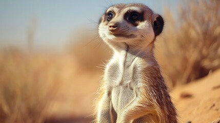 Fototapeta premium A close-up of a curious meerkat standing on its hind legs in the desert