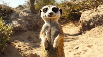 Fototapeta premium A close-up of a curious meerkat standing on its hind legs in the desert