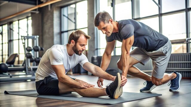 Personal Trainer Assisting Male Client with Stretching Exercises for Improved Flexibility