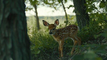   A small deer stands near a tree in a lush forest full of leafy green trees