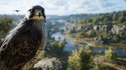 A close-up of a falcon perched on a branch, scanning the landscape for prey