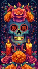 Fototapeta premium Dia de los Muertos skull palette of bright colors like orange, pink, and purple, illustration vibrant.