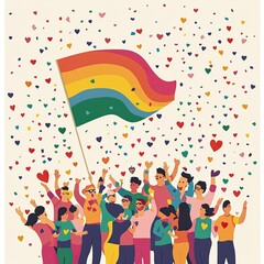 Obraz premium Illustration of people joyfully celebrating pride with rainbow flags and hearts. AI generated image
