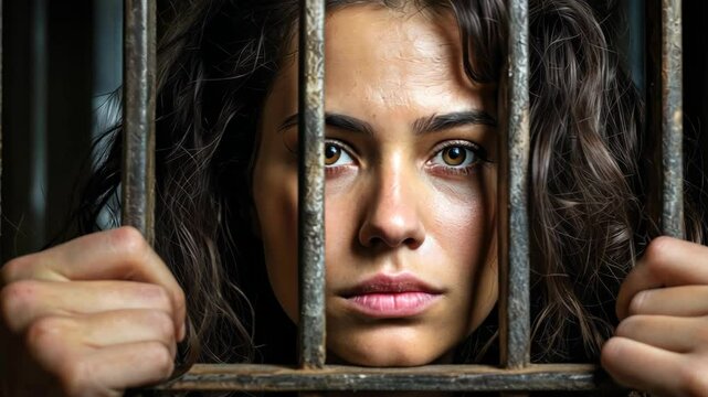 A woman stands behind rusty prison bars, her expressive eyes revealing emotions of longing and resilience. The dim lighting adds a stark contrast to her determined gaze