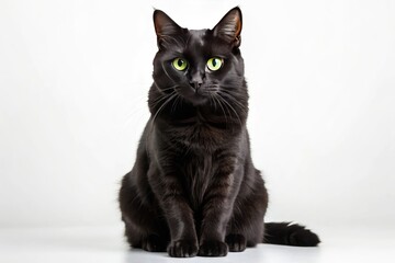 Black Cat With Bright Green Eyes Sits Upright On Its Haunches, Facing The Camera Against A White Background.