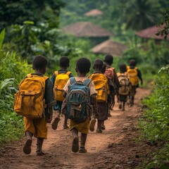 Group of African children walk along dirt path through lush, rural village, wearing school backpacks