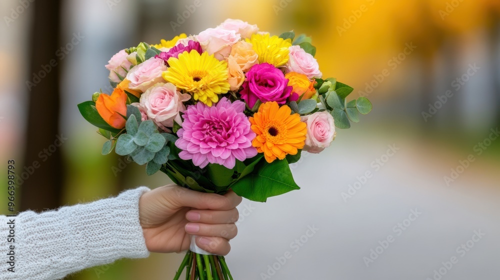 Wall mural a person holding a bouquet of flowers in their hand, ai