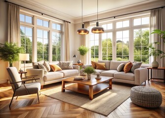 Bright And Airy Living Room With Modern Furniture, Neutral Colors, And Large Windows