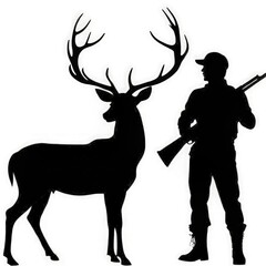 Silhouette of a deer alongside a hunter at dusk in a natural setting. Generative AI