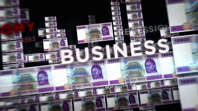 Central African CFA Franc money Cameroon Chad Congo money loop 3d animation. Flying between XAF banknotes. Finance, economy, crisis, business success, debt and tax seamless looped concept.