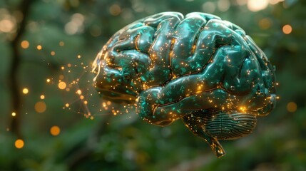 A 3D rendered human brain with a green and golden glow, set against a blurred background of green foliage, representing the connection between nature and thought.