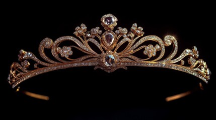 A beautifully designed gold tiara adorned with intricate floral patterns and sparkling gemstones.