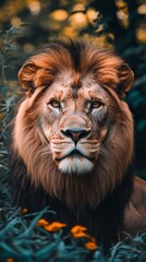 Fototapeta premium Majestic lion portrait in natural habitat surrounded by greenery and flowers, wildlife photography concept
