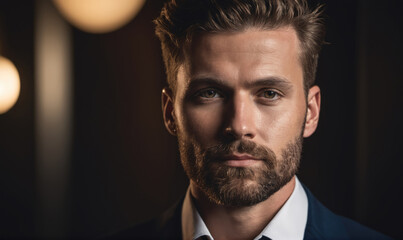 Obraz premium A man with a beard and brown eyes looks intensely at the camera