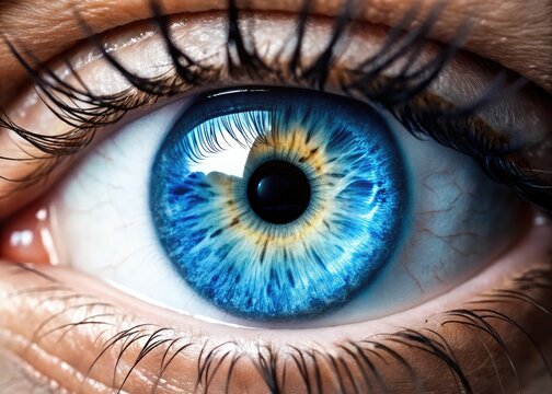 Close-up of a human eye socket, with eyelids partially closed, revealing a bright blue iris and white sclera, surrounded by delicate eyelashes and soft skin.