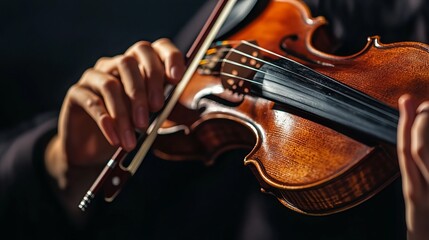 The violinist's hands skillfully move across the violin's strings, creating melodic notes that fill the air. The intricate details of the violin, illuminated against a dark background