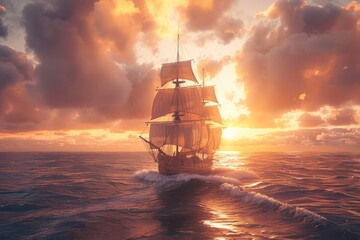A majestic sailing ship with billowing sails navigates through a sea of golden light at sunset. The clouds are painted with vibrant orange hues, and the ocean shimmers with reflected sunlight.