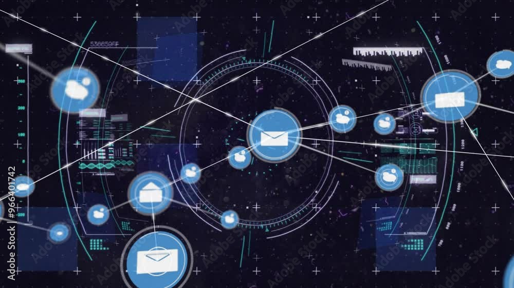 Poster animation of data processing over network of connections with icons