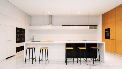 Minimalist kitchen with clean white countertops, wooden accents, and black barstools, blending modern functionality with elegant simplicity.
