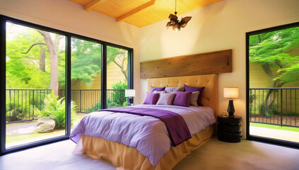 Serene bedroom with large glass windows, a natural wood headboard, and purple bedding, offering a connection to nature and a cozy retreat.
