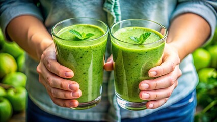 A Close-Up of Hands Holding Fresh Green Smoothies for a Healthy Lifestyle and Nutritious Drinking Experience