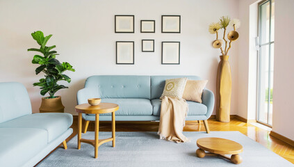 Bright and airy living room with blue seating, natural wood furniture, and minimalist decor, creating a peaceful and cozy retreat.

