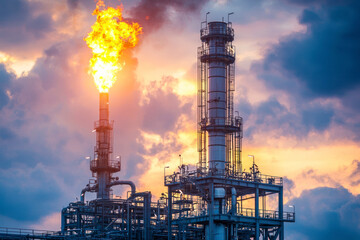 Obraz premium Methane Gas Fire High Flare Stack Flaring Tower Platform in Refinery Petroleum Plant or Flame Burn.