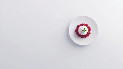   A white plate displays a cake adorned in pink sprinkles and a green leaf placed atop