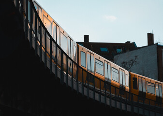 A U-Bahn travels overhead in Berlin, Germany, near Schlesisches Tor.