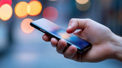 A person holding a cell phone in their hand with blurry lights, AI