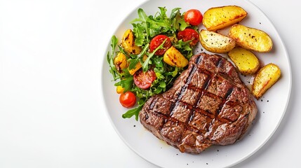 Top view of a dish with a tasty grilled beef steak, rustic potato wedges, and vegetable salad on a white backdrop.