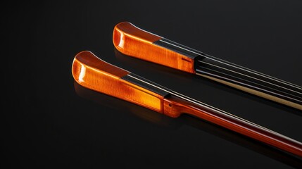 Two violin bows, one orange and one brown, rest against a contrasting black background. The glossy, polished surfaces of the bows create a striking visual effect against the dark backdrop