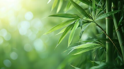   Close-up of a bamboo plant with sunlight filtering through the leaves on the tree's backside