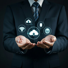 Man in Suit Holding Cloud Technology with Wi-Fi, Global Connectivity, and Communication Icons