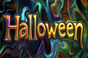 Vibrant Halloween text with a glossy, liquid-like effect against a colorful, swirling abstract background