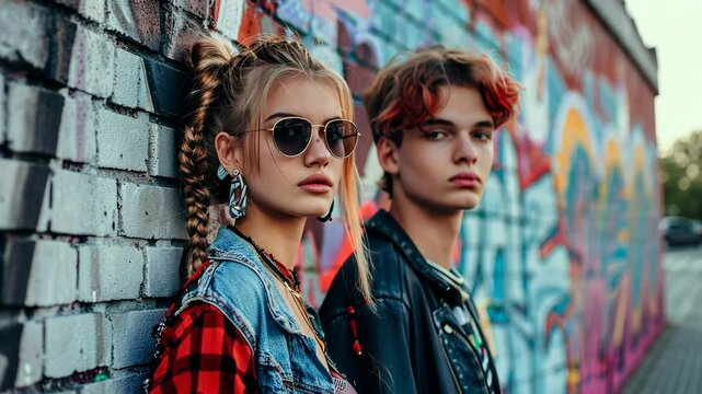 Amidst a colorful backdrop, two trendy teens embody the spirit of contemporary youth culture. Their bold fashion choices and confident demeanor shine through in this lively urban environment