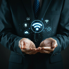 Man in Suit Holding Cloud Technology with Wi-Fi, Global Connectivity, and Communication Icons